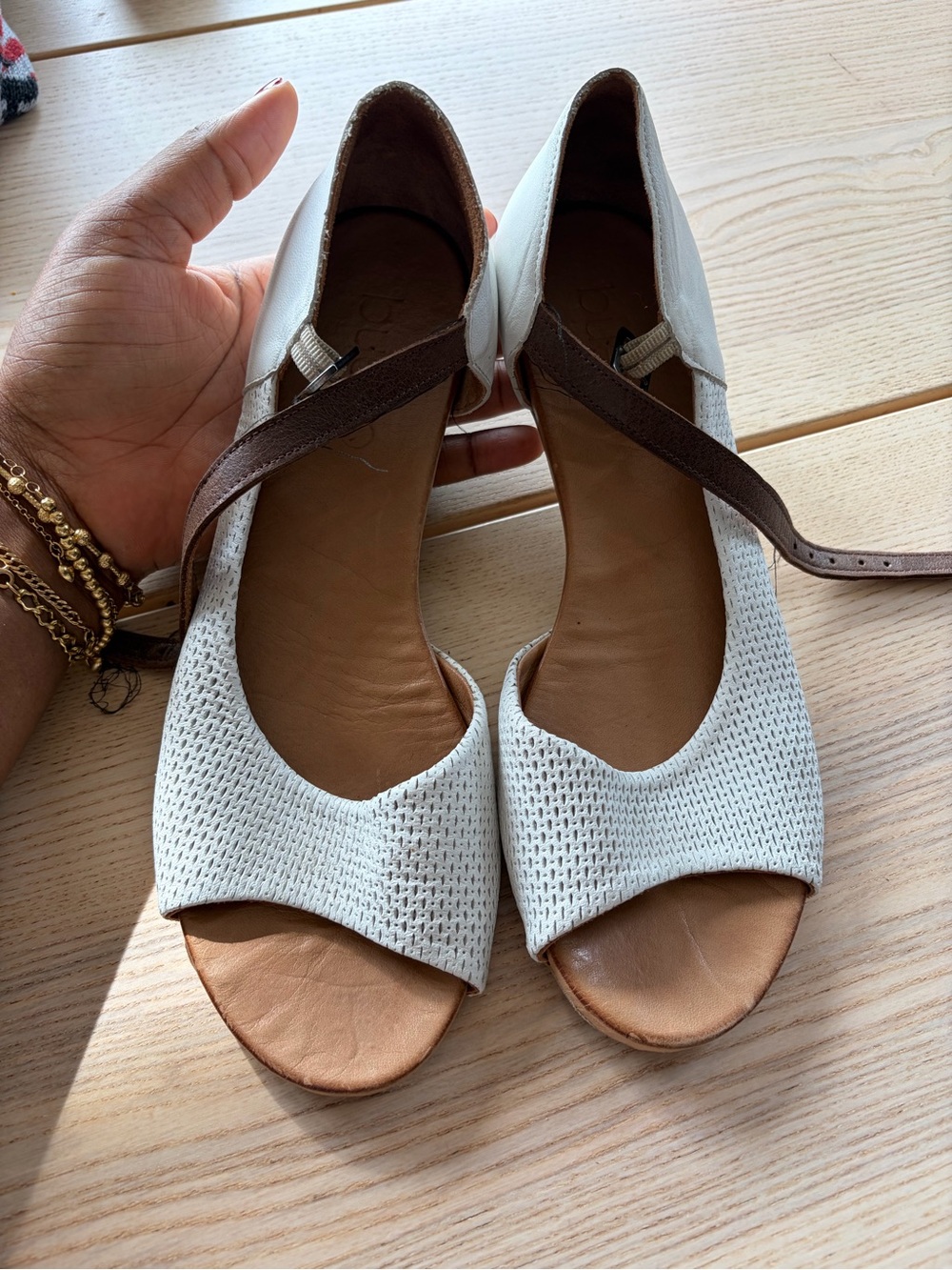 Bueno White and Brown Open-Toe Ankle-Strap Flats
